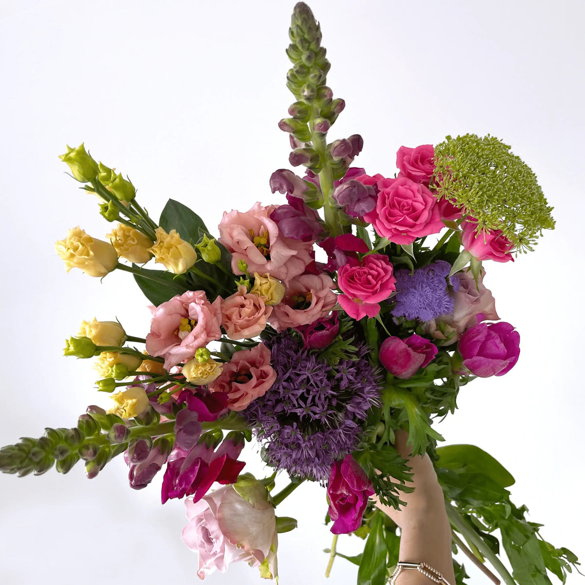 Colourful selection of mixed pet friendly flowers held up by hand against a white backdrop