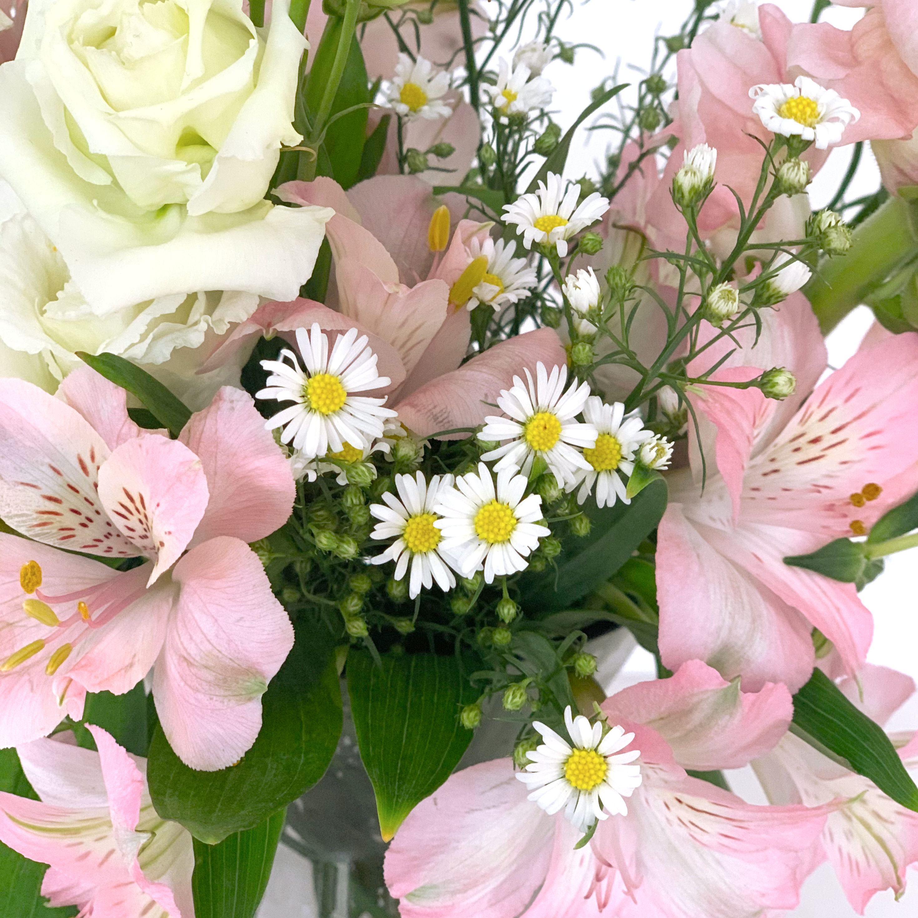 A close up photo of pink, yellow and white flowers