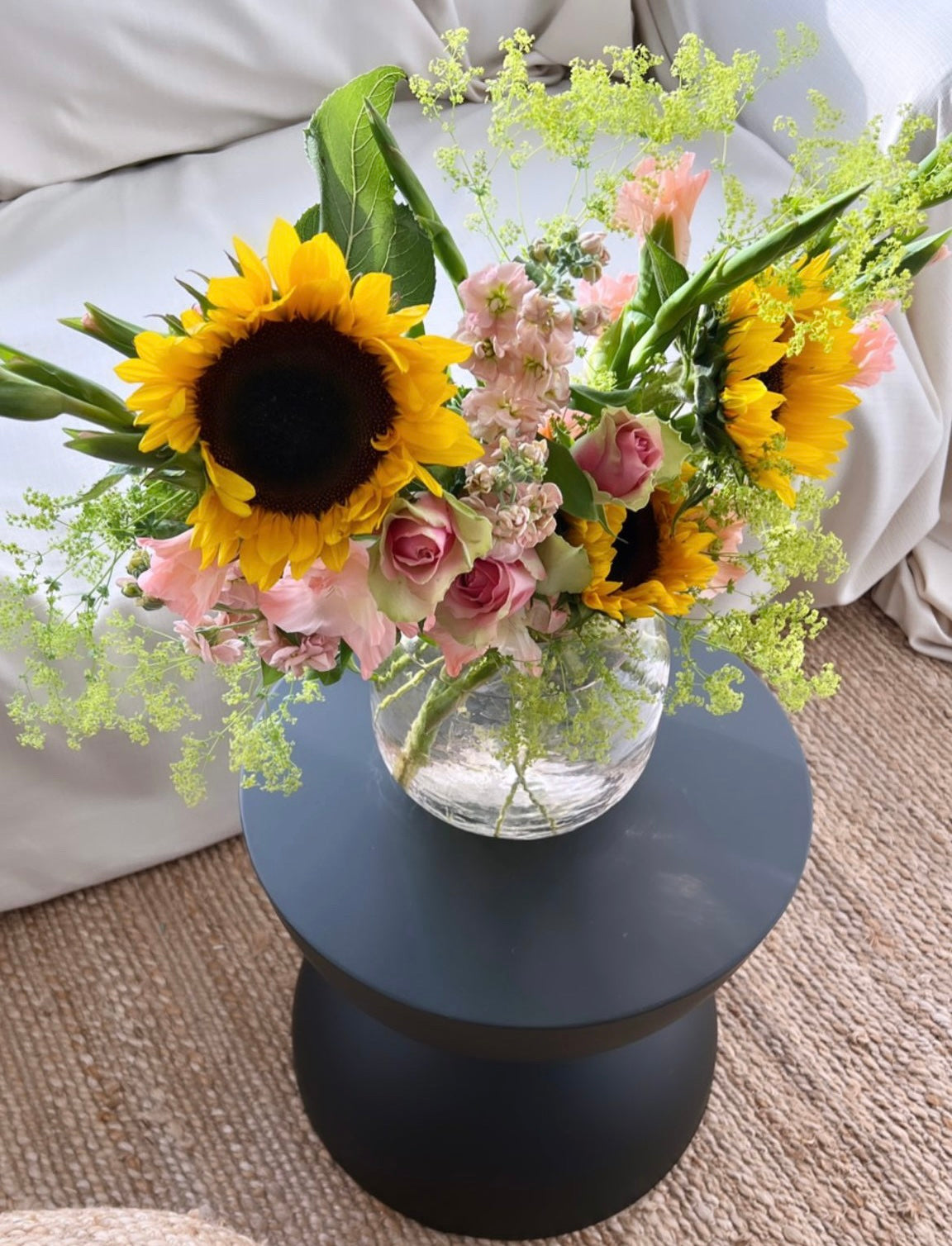 Sunflower Bouquet on black table with japandi style setting