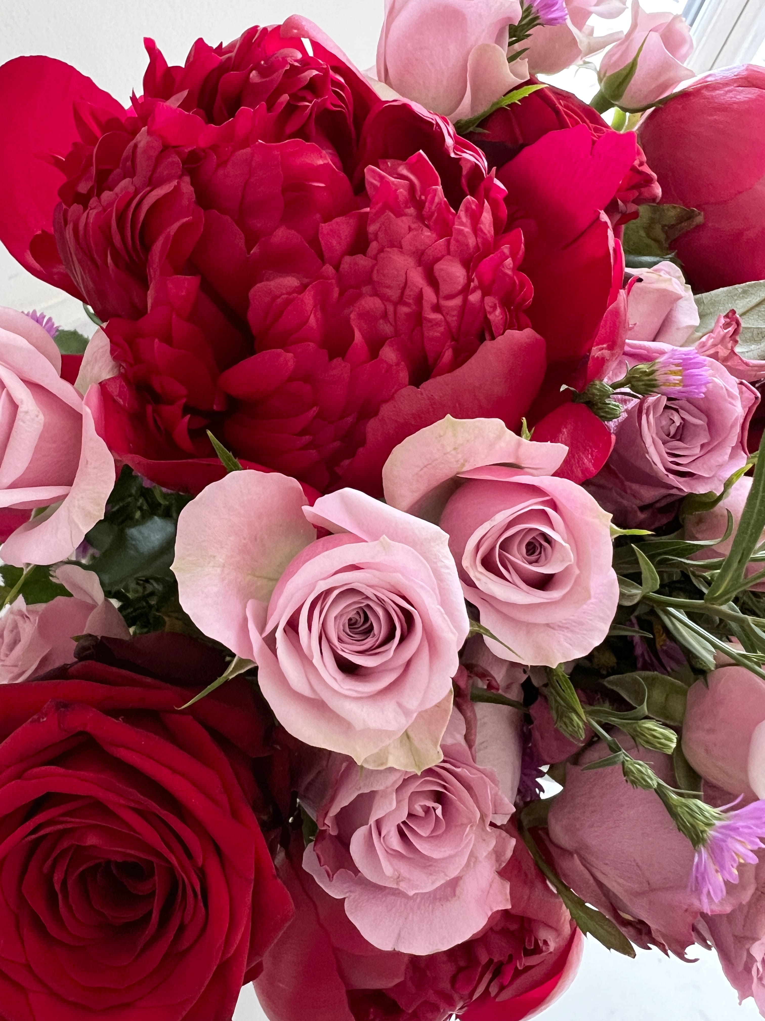 Red Peony and Pink Roses Bouquet